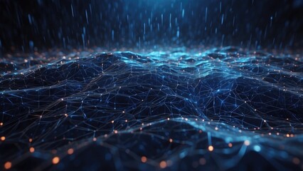A network surface with lights and lines in abstract space during a nighttime rainstorm with a dark blue digital data background. Future concept, cyber city, safe technology, and pattern-