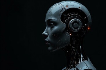 portrait of a robot, robot face in profile, robotics, robotics, robotics, on a black background, people and machines, future, technology, science, technology