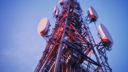 A tall telecommunications tower with antennas against a blue sky, highlighting modern technology and connectivity.