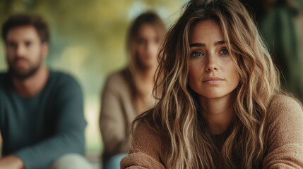 A rustic woman gazes intently amidst a vibrant forest, blurred figures in the background add depth, creating an aura of introspection and connection with nature.