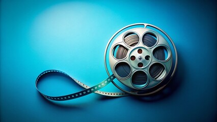 Obraz premium Vintage Film Reel with Unwinding Film Strip on Blue Background, Perfect for Nostalgic Themes and Cinematic Projects, Capturing the Essence of Classic Movie History and Artistry