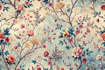 Vintage Floral Background Design with Hand-Drawn Flowers and Tiny Twigs, Perfect for Textile Prints and Home Decor