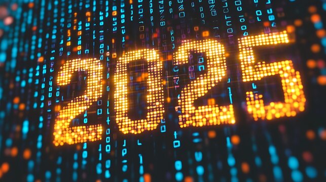 2025 in glowing gold numbers on a dark background of digital code.