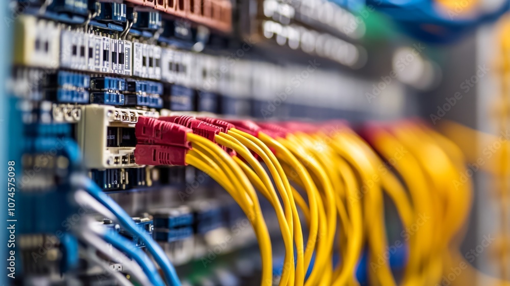 Poster a close-up view of colorful network cables connected to a data panel, highlighting the complexity of