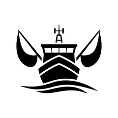 Fishing ship icon. Trawler. Black silhouette. Front view. Vector simple flat graphic illustration. Isolated object on white background. Isolate.