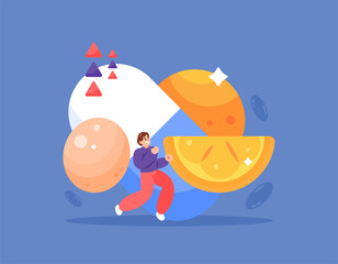 vitamin or supplement concept. intake to increase endurance and immunity. body nutrition. illustration of a man with capsule medicine, orange, and egg. health and medicine. flat style design. elements