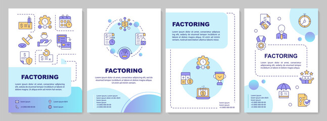 Factoring blue circles brochure template. Process, benefits. Leaflet design with linear icons. Editable 4 vector layouts for presentation, annual reports. Arial-Black, Myriad Pro-Regular fonts used