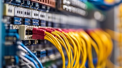 A close-up view of colorful network cables connected to a data panel, highlighting the complexity of modern telecommunications infrastructure.