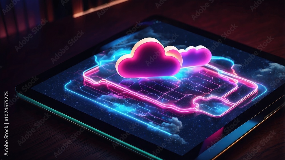 Poster neon lights on a tablet computer display cloud computing. neon lights on a tablet computer display c