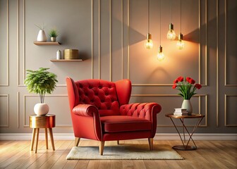 Vintage Red Armchair in Elegant Living Room Setting with Cozy Decor and Soft Lighting, Perfect for Home Interior Inspiration and Furniture Design Concepts