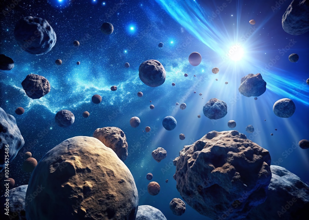 Poster vintage style 3d render animation of an asteroid field in deep blue space with slow panoramic cinema