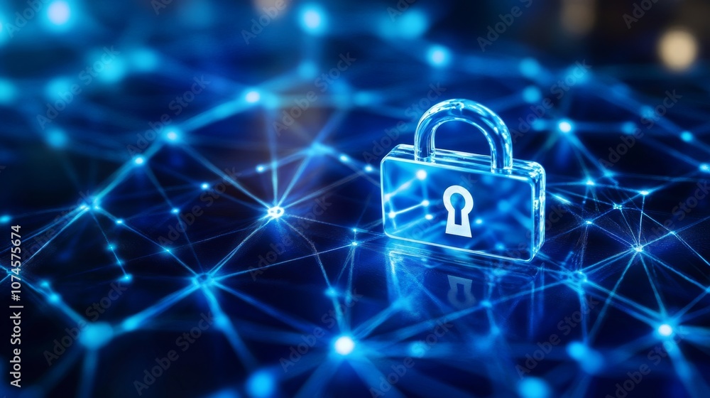 Poster a glowing padlock symbol representing cybersecurity and data protection, set against a network of in