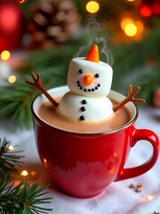 Hot chocolate with snowman, Christmas tree twinkling