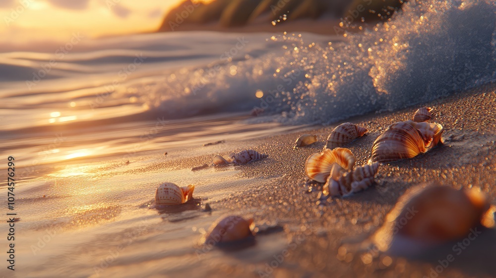 Poster beautiful sunset at tranquil beach with colorful seashells on wet sand, gentle waves rolling in, cre
