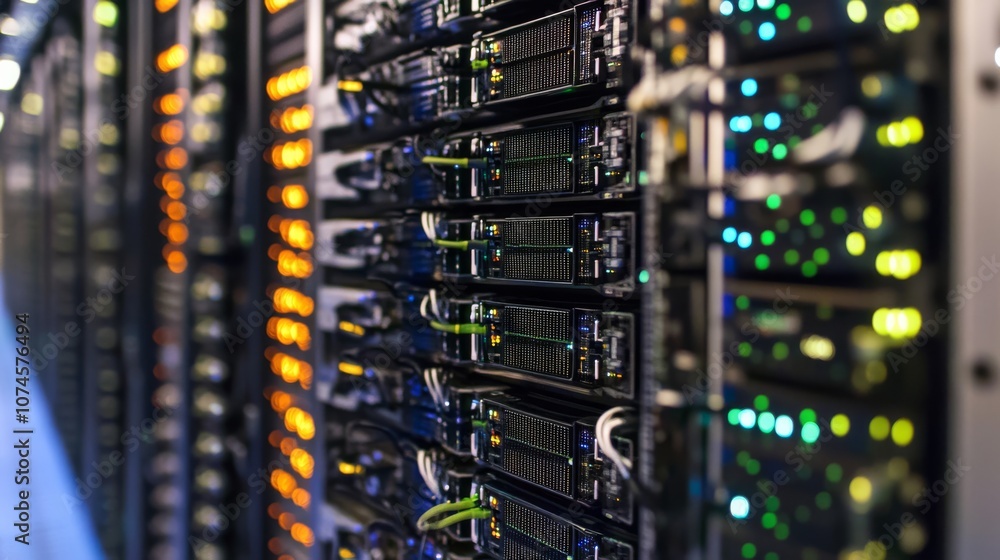 Poster a close-up view of a server rack, showcasing numerous interconnected servers with illuminated lights