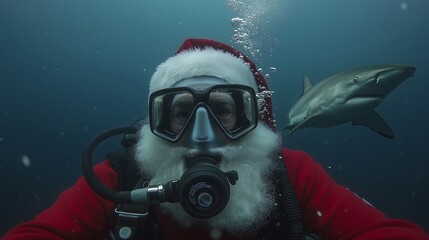Diver dressed as Santa Claus encounters a shark underwater. Funny and comical scene