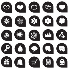 A collection of black icons, hearts, flowers and more_