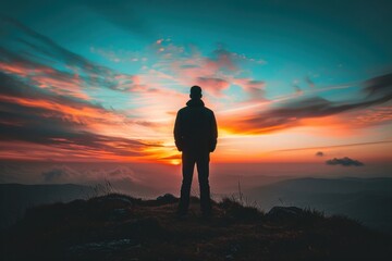 Photo of sky backlighting sweatshirt standing.