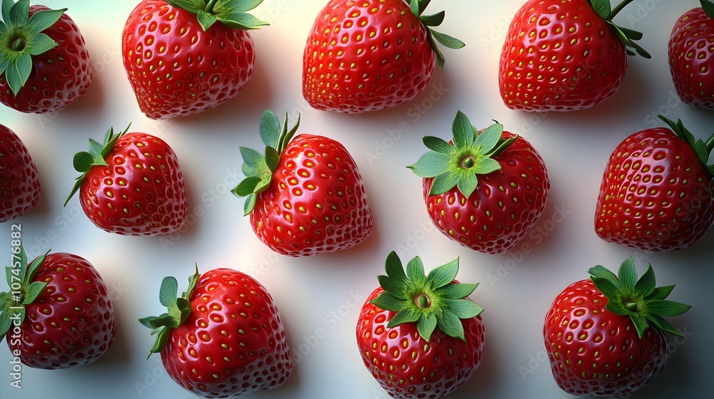 Poster vibrant and ripe strawberries arranged in neat rows against a clean,minimalist background,with their