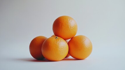 A small pile of oranges is placed on a white background, their round, bright forms creating a vivid contrast with the clean backdrop