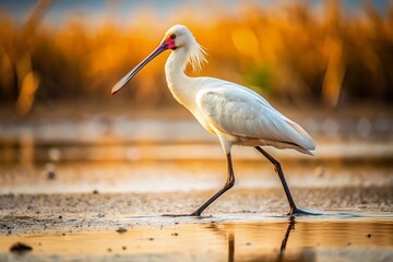 Vintage Style Photography of a Common Spoonbill (Platalea leucorodia) Walking in the Mudflat of Fukuoka, Japan, Capturing the Essence of Nature and Wildlife in a Tranquil Setting