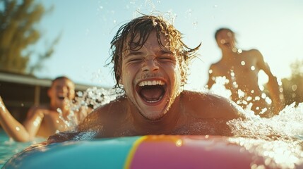 A teenage boy gleefully splashing in a sunny pool surrounded by friends, capturing the essence of youthful joy, camaraderie, and summertime adventure.