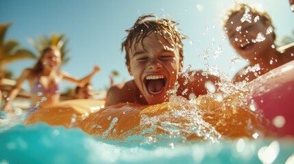 Children excitedly splash in a swimming pool on a sunny day, capturing the essence of pure joy and summer fun. The water glistens under the bright sun.
