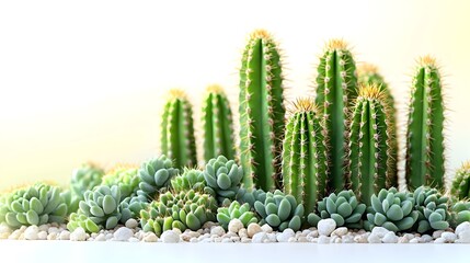 Vibrant Cactus Plants in Minimalist Composition - Variety of green succulent cacti in geometric arrangement,showcasing their unique textures and patterns against a clean white background.