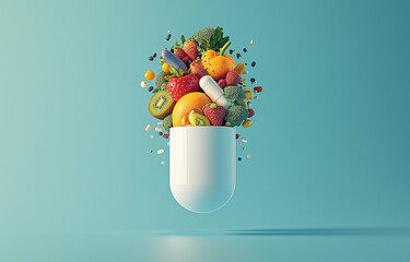 A supplement pill partially blending into a mix of fruits and vegetables, highlighting its healthful, natural contents