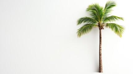 A solitary coconut tree with its textured trunk and vibrant green fronds is placed on a white background.
