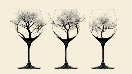 Artistic fusion, three wine glasses encasing miniature trees, a blend of nature and glassware design