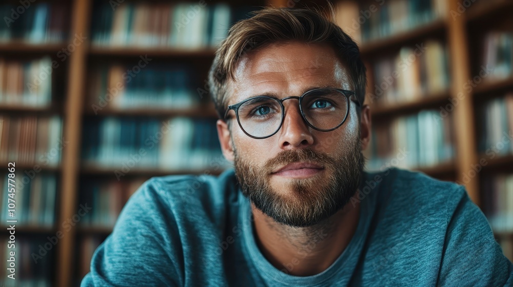 Poster focused man wearing glasses gazes intently at the camera in a library, creating a thoughtful and ref