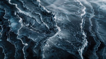 A close-up view of some ice on the surface of a body of water, with detailed textures and patterns