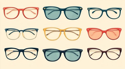 Array of trendy sunglasses, showcasing diverse colors, frames, and lens tints for fashionable sun protection