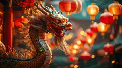 Fototapeta premium Golden Dragon Statue with Red Lanterns Illustration