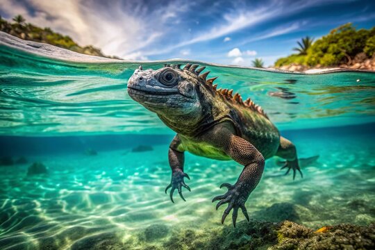 Vintage Style Photography of a Marine Iguana Swimming Gracefully in Crystal Clear Waters, Capturing the Unique Beauty of Nature in an Enchanting Underwater Scene