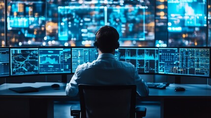 A person analyzes data on multiple screens in a modern, high-tech environment, showcasing digital information and analytics.