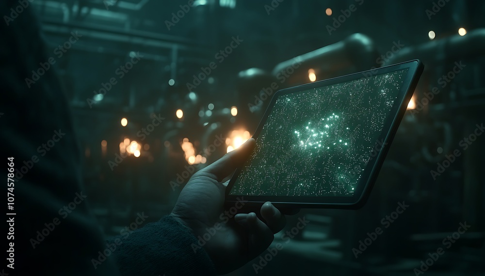 Poster a futuristic hand holds a glowing tablet displaying a cosmos of stars and galaxies, set in a dimly l