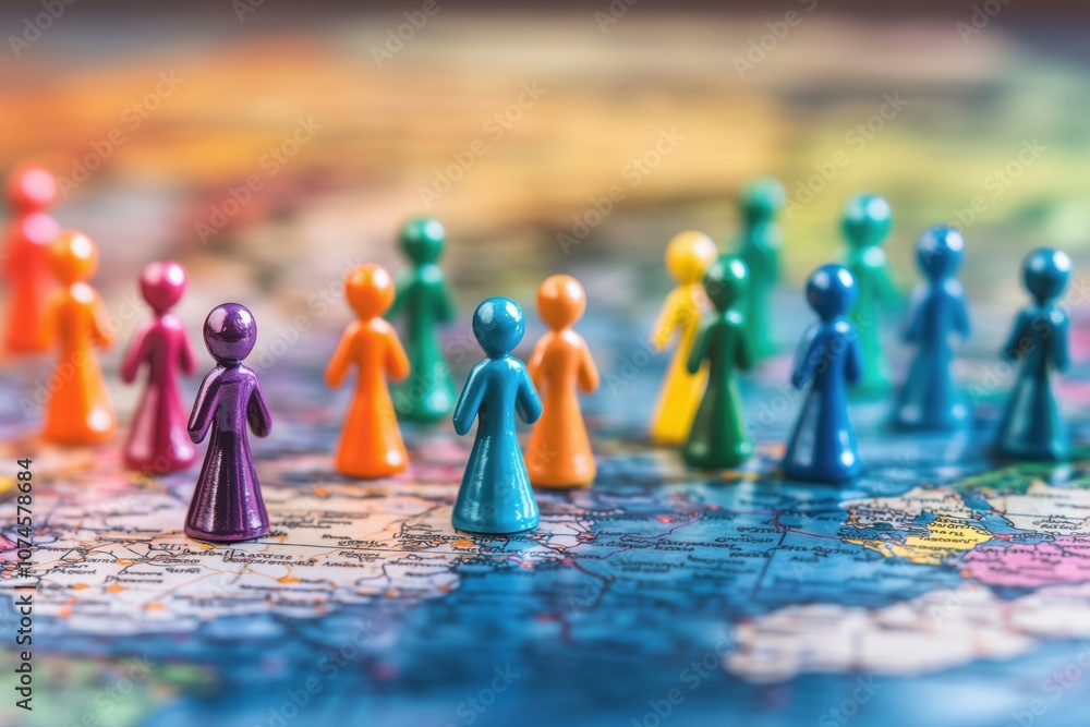 Poster colorful game pieces on map representing community and connection