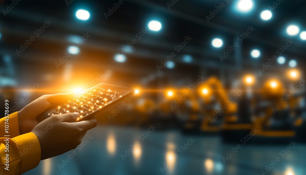 Poster A person holding a tablet, illuminated by glowing data visuals, in a modern factory setting with robotic machinery in the background.