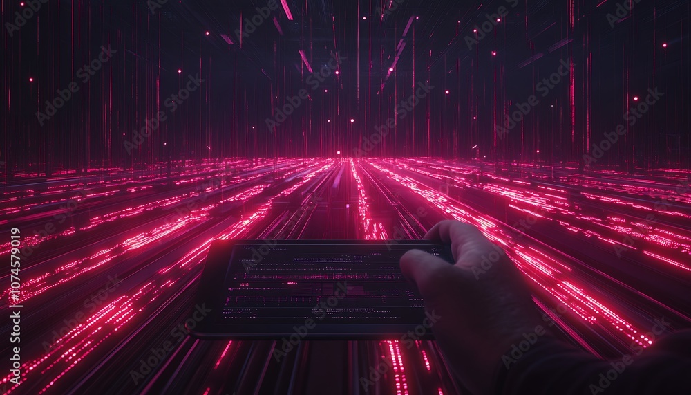 Poster a futuristic perspective with glowing pink laser lines converging, suggesting high-tech interaction 