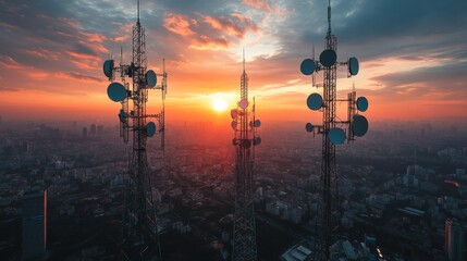The image captures a panoramic view of city skyline communications towers against a vibrant sunset.