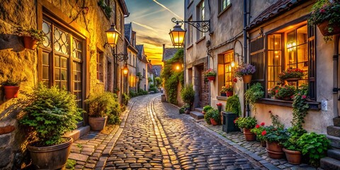 Fototapeta premium Vintage Style Photography of a Quaint Narrow Street in the Old Town with Cobblestones, Historic Buildings, and Warm Evening Light Creating a Timeless Atmosphere