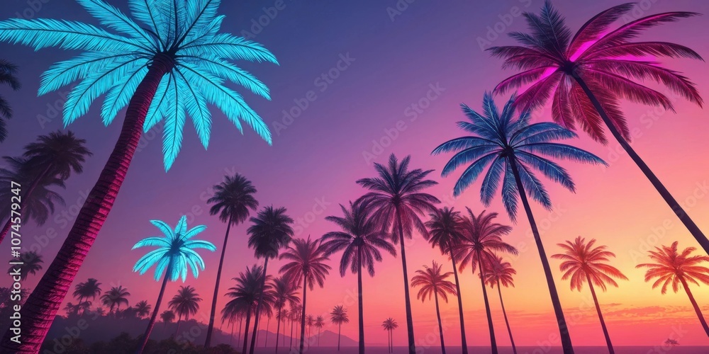 Poster tropical oasis a of vibrant neon palm trees each frond a dazzling array of neon pink and blue stands