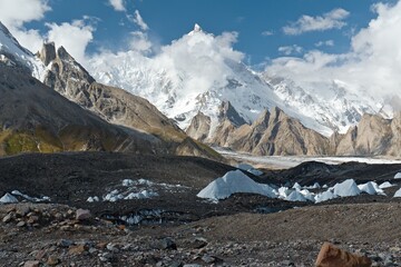 View from Baltoro Glacier to K1 Peak Masherbrum 7,821 meters high and Yermandu Glacier, near Gore 2...