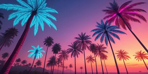 Tropical Oasis A of vibrant neon palm trees each frond a dazzling array of neon pink and blue stands silhouetted against a warm gradient transitioning from deep orange to soft