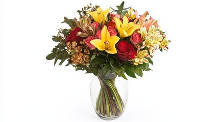 Fototapeta premium A stunning glass vase filled with a vibrant bouquet of flowers stands out against a clean white background.