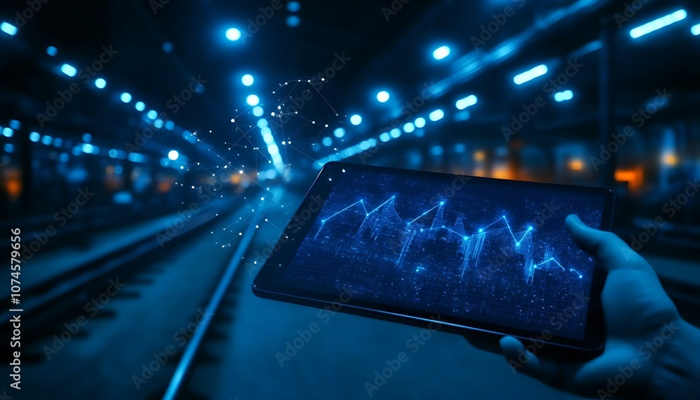 Aufkleber a hand holds a tablet displaying data visualizations in a dimly lit train station, surrounded by blu