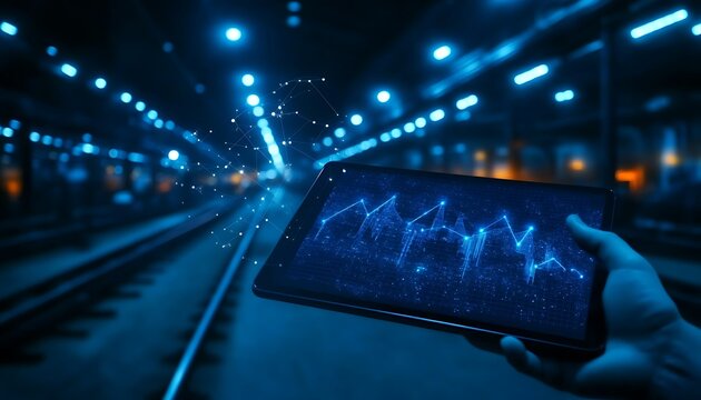 A hand holds a tablet displaying data visualizations in a dimly lit train station, surrounded by blue lights, suggesting technology and motion.
