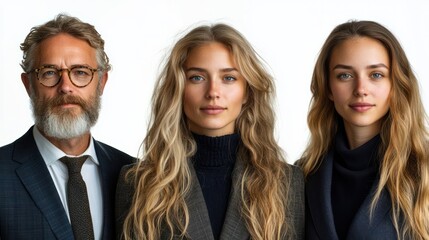 Group portrait of Danish professionals, young and senior, formal attire, isolated, white background